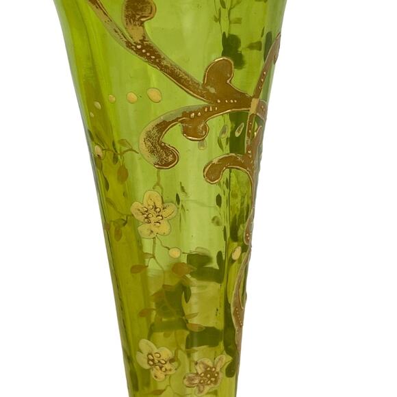 Vintage Signed Moser Art Glass Vase Ruffle Top Green Gold Gilt Good Condition - Picture 8 of 12